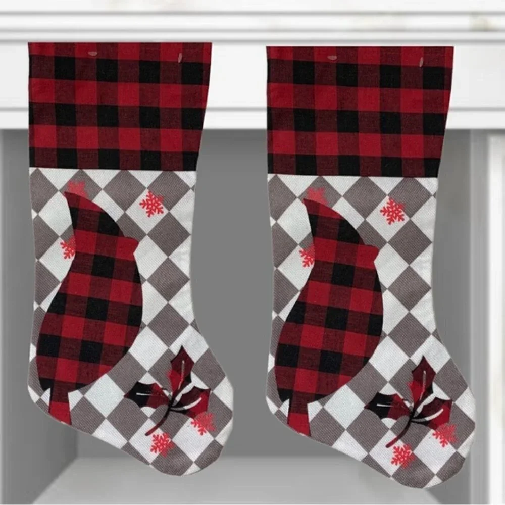 Christmas Stocking Cardinals Buffalo Check Plaid Red Black 17 inch 2 Piece